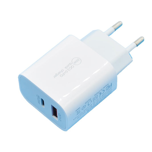 Incarcator Fast Charging QC 3.0, Klevo, Dual Port USB-A si USB-C cu Cap de Incarcare Standard European, 20 W, fara Cablu, Alb
