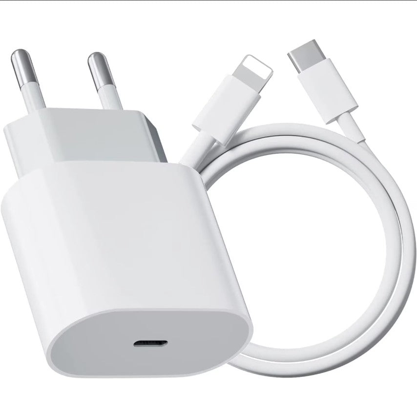 Incarcator Retea Fast Charge, Klevo, Incarcator Standard European PD20W, Compatibil cu iPhone 8-14, Cablu Fast Charge Inclus de 27W, 1m, Alb