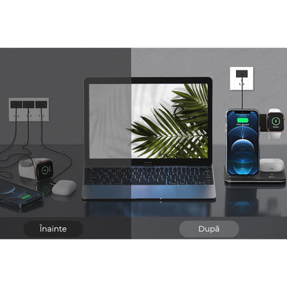 Incarcator Wireless Klevo, Statie Incarcare 3 In 1 Qi Fast Charger 15W, Incarcare Rapida, Compatibil Cu Apple Watch Toate Seriile Airpods Toate Modele si Iphone Android Samsung Huawei Xiaomi, Quick Charge, Negru