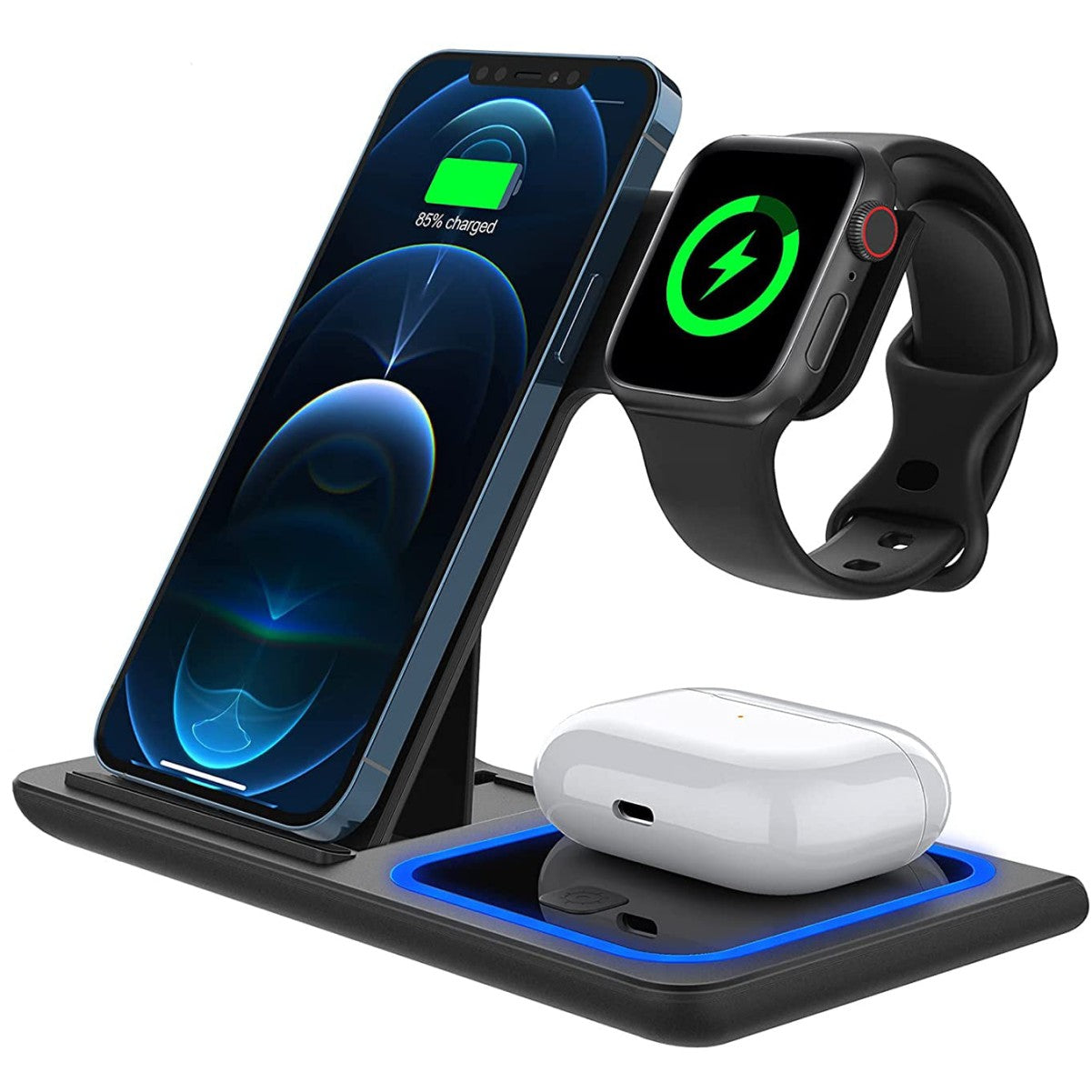 Incarcator Wireless Klevo, Statie Incarcare 3 In 1 Qi Fast Charger 15W, Incarcare Rapida, Compatibil Cu Apple Watch Toate Seriile Airpods Toate Modele si Iphone Android Samsung Huawei Xiaomi, Quick Charge, Negru