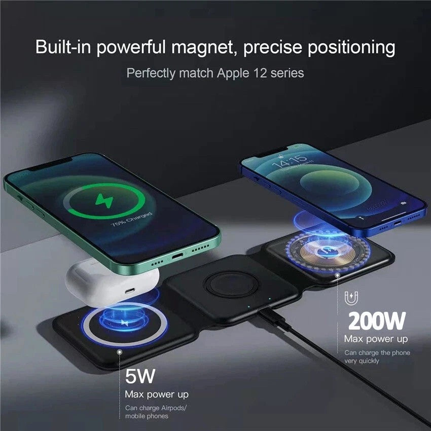 Incarcator Wireless Magnetic/Pliabil 3in1, Klevo, Multifunctional de Birou, 15W, Compatibil cu iOS/Android, 25 x 7.5 x 1 cm, Negru