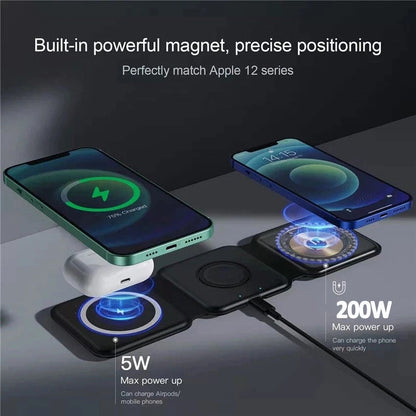 Incarcator Wireless Magnetic/Pliabil 3in1, Klevo, Multifunctional de Birou, 15W, Compatibil cu iOS/Android, 25 x 7.5 x 1 cm, Negru