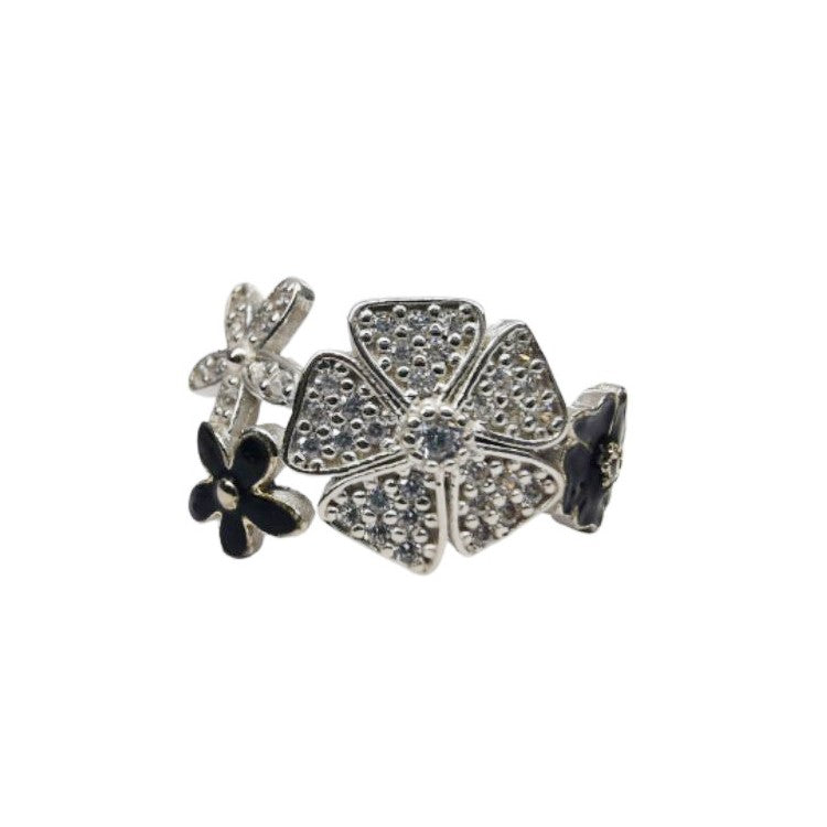 Inel pentru Dama Argint 925, Jolie, Model Trifoi cu Email Negru, 4.9 g, Marimea 58, Argintiu/Negru