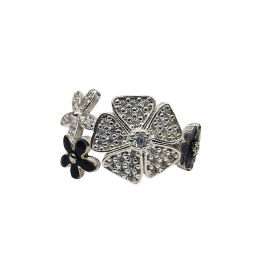 Inel pentru Dama Argint 925, Jolie, Model Trifoi cu Email Negru, 4.9 g, Marimea 60, Argintiu/Negru