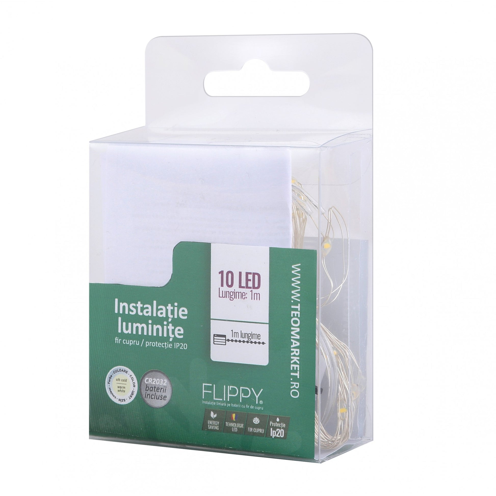 Instalatie Craciun, Liniara, 1 m, Baterii, 10 LED-uri, Alb Cald, Fir Cupru, Interior/Exterior, Klevo