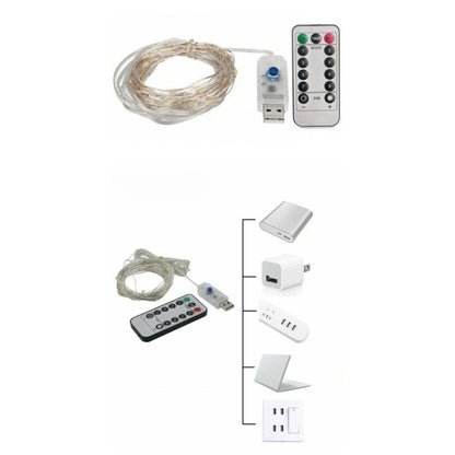 Instalatie Craciun, 10 metri, 100 LED-uri, alb cald, telecomanda 8 functii, USB, fir cupru, liniar, interior/exterior, Klevo