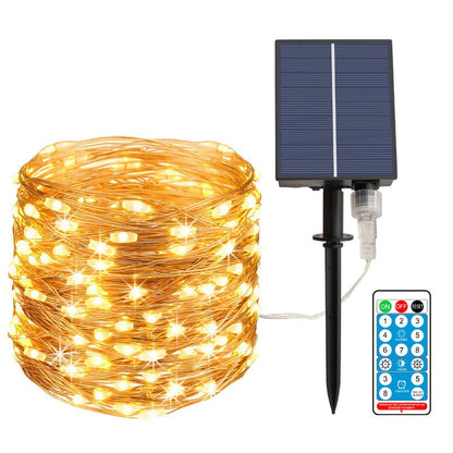 Instalatie Craciun, 100 LED-uri, 12 metri,  pentru exterior cu incarcare solara, alb cald, Klevo