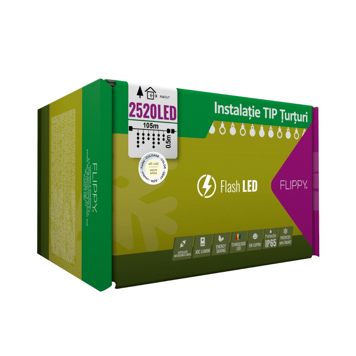 Instalatie Craciun, 105 m, 2520 Led-uri ,Franjuri, Alb cald, Flash, Alimentator, Interconectabila, Fir Transparent Cauciucat, 220v, Klevo