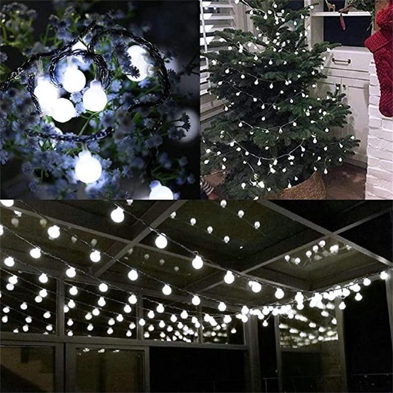 Instalatie Craciun, 12 metri, 100 de LED-uri cu ornament tip Bulb, 8 jocuri de lumini alb rece, cu energie solara, liniar, interior/exterior, Klevo