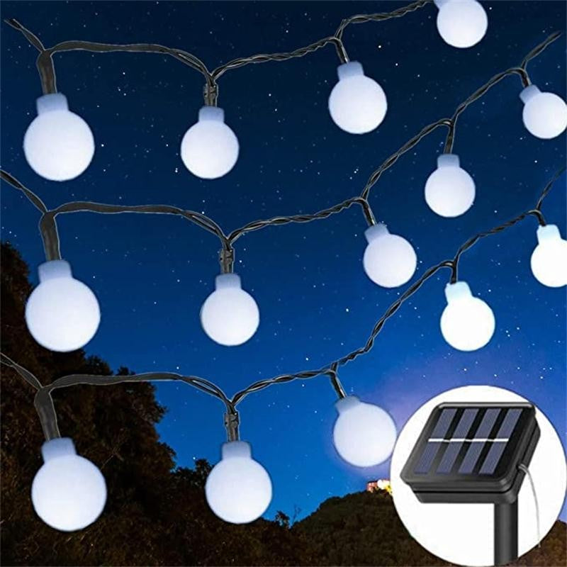 Instalatie Craciun, 12 metri, 100 de LED-uri cu ornament tip Bulb, 8 jocuri de lumini alb rece, cu energie solara, liniar, interior/exterior, Klevo