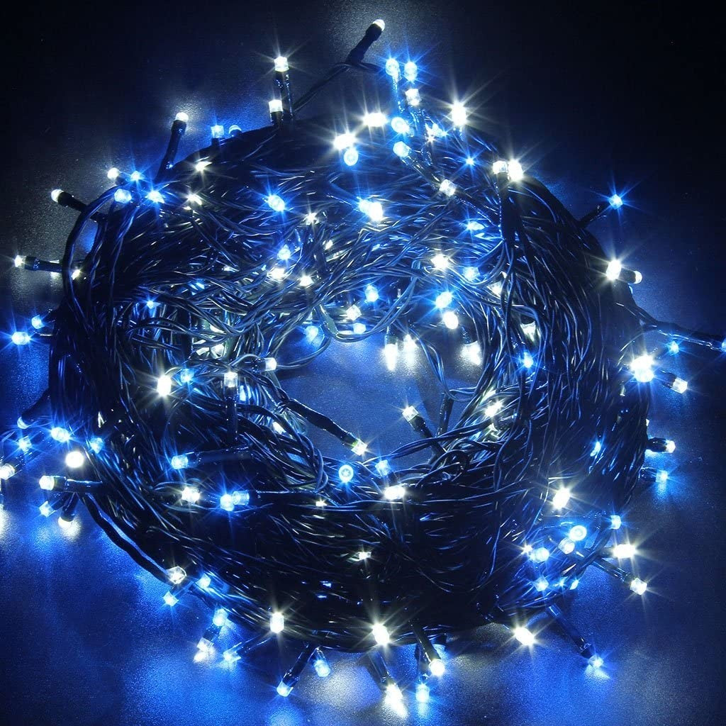 Instalatie Craciun, 20 m, 572 Led-uri ,Franjuri, Albastru, Flash, Transformator, Interconectabila, Prelungitor 5 m inclus, Fir Negru, Klevo