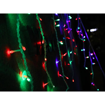 Instalatie Craciun, 40 m, 1144 Led-uri ,Franjuri, Rosu / Verde/ Albastru, Flash, Transformator, Interconectabila, Prelungitor 3 m inclus, Fir Transparent, Klevo