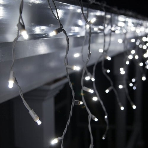 Instalatie Craciun, 5 m, 120 Led-uri ,Franjuri, Alb rece, Flash, Alimentator, Interconectabila, Prelungitor 6.5 m inclus, Fir Alb Cauciucat, 220v, Klevo
