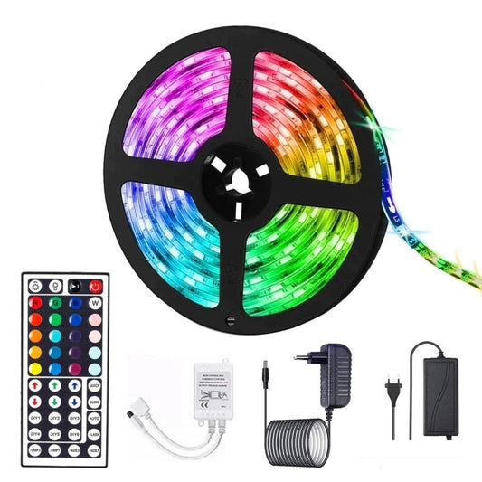 Kit Banda Led RGB SMD 5050 cu Transformator inclus Klevo - Lungime 5 M, 270 LED-uri, Telecomanda 44 taste, pentru TV, PC, Auto, IP65, Lumina Ambientala