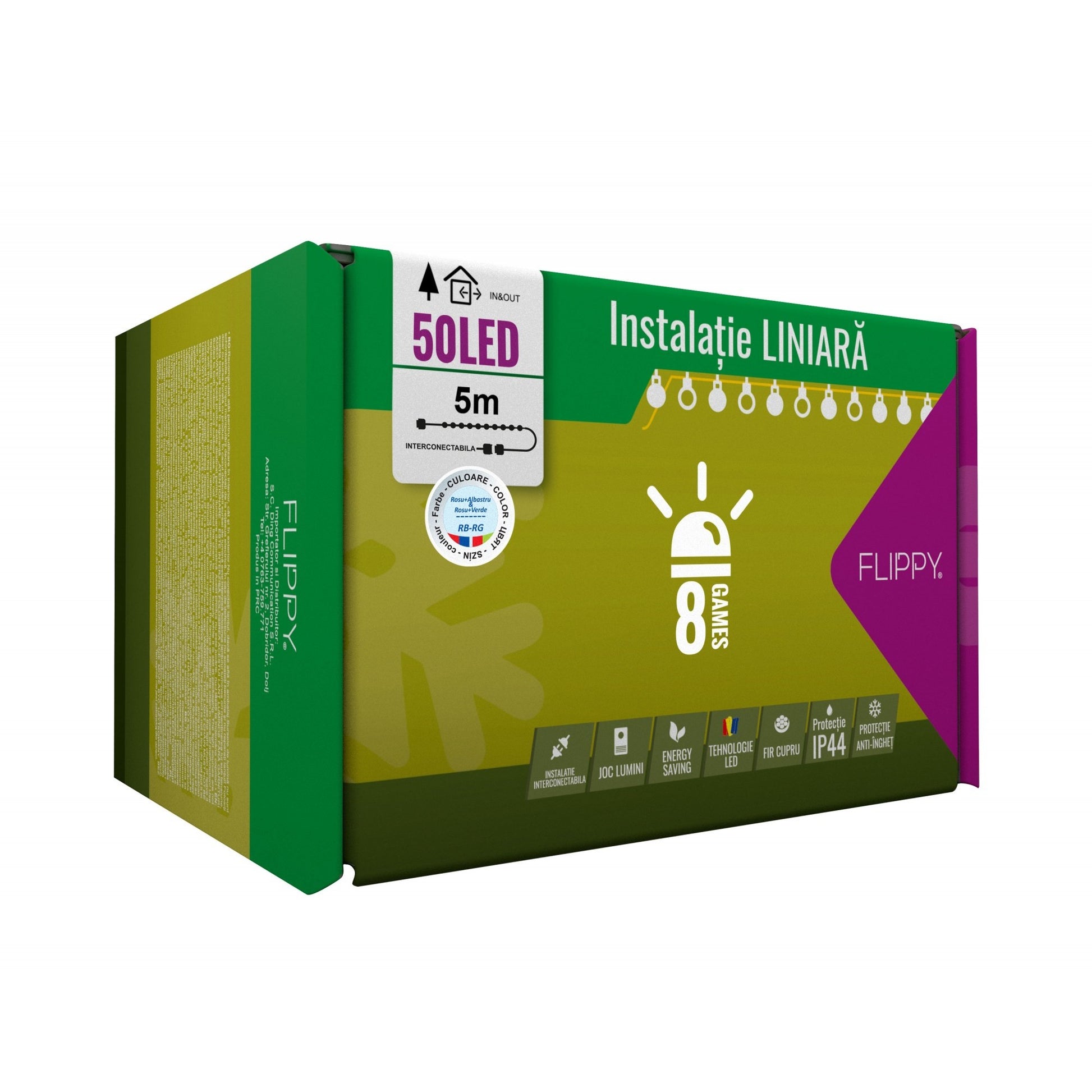Instalatie Craciun, 5 m, 50 Led-uri ,Liniara, Rosu/Albastru/Rosu/Verde, Flash, Transformator, Interconectabila, Prelungitor 3 m inclus, Fir Verde, Klevo