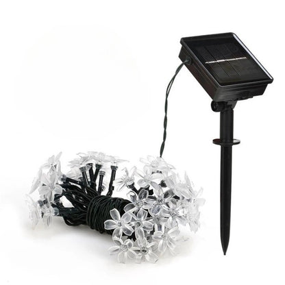 Instalatie Craciun, 5 metri, 20 Becuri LED tip Flori de cires, pentru exterior cu incarcare solara, Alb cald, Klevo