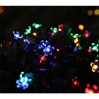 Instalatie Craciun, 5 metri, 20 Becuri LED tip Flori de cires, pentru exterior cu incarcare solara, Multicolor, Klevo