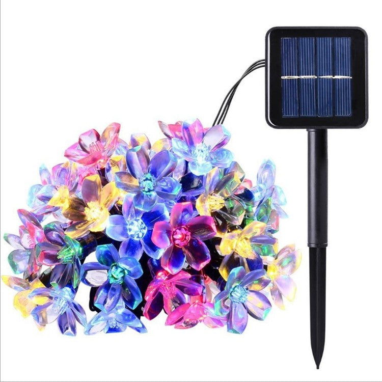 Instalatie Craciun, 5 metri, 20 Becuri LED tip Flori de cires, pentru exterior cu incarcare solara, Multicolor, Klevo