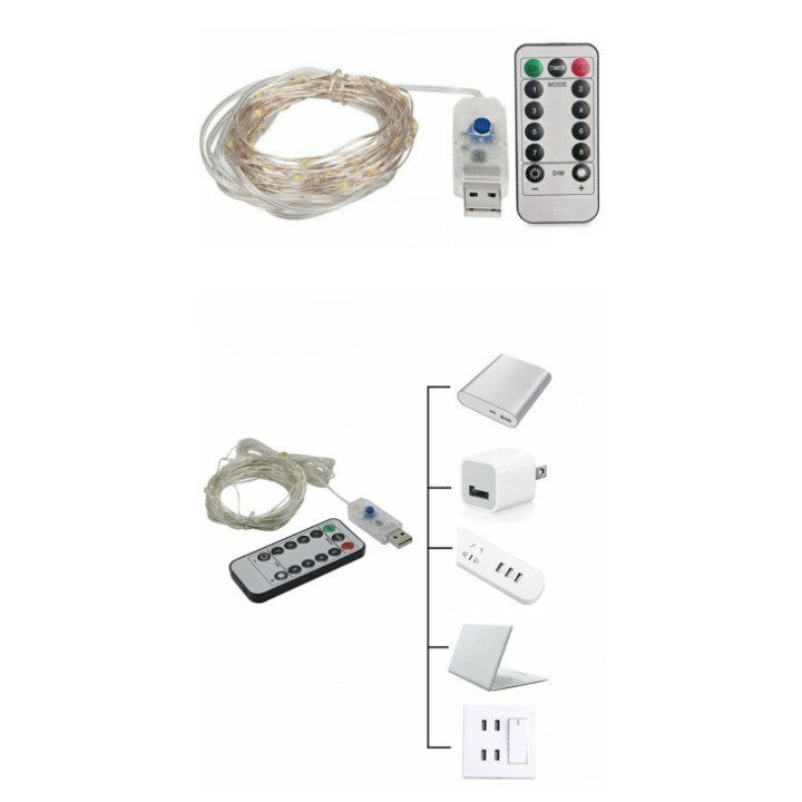 Instalatie Craciun, 5 metri, 50 LED-uri, USB, Telecomanda cu 8 functii, alb rece, Klevo