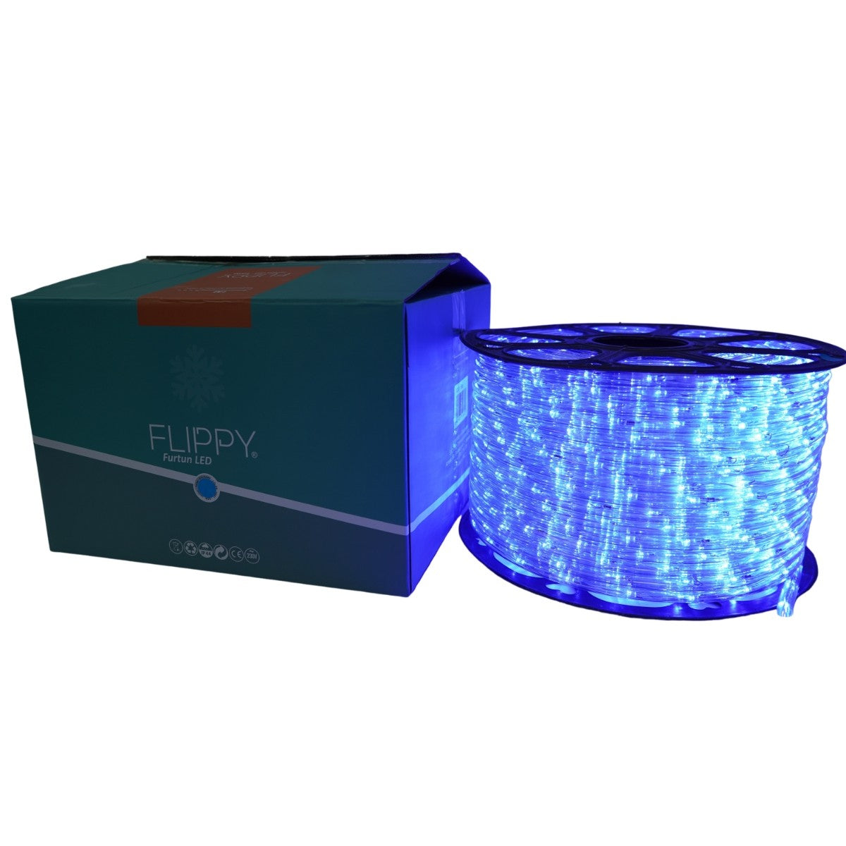 Instalatie Craciun, 50 m, 1200 Led-uri, Furtun Luminos, Albastru, Transformator, 8 jocuri de lumini, Sectionabila, 220 V, Klevo