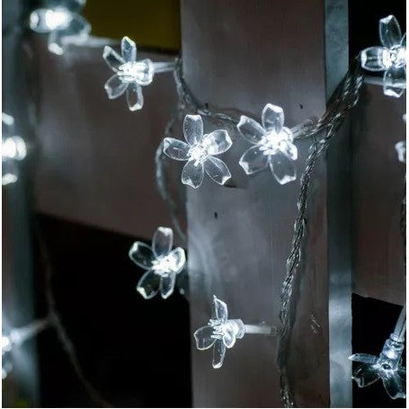 Instalatie Craciun, 6.5 metri, 30 Becuri LED tip Flori de cires, pentru exterior cu incarcare solara, Alb rece, Klevo