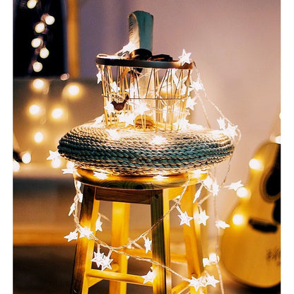 Instalatie Craciun, 6 metri, 40 LED-uri cu Ornament tip Stea, Alb Cald, telecomanda 8 functii, USB, fir cupru, liniar, interior/exterior, Klevo