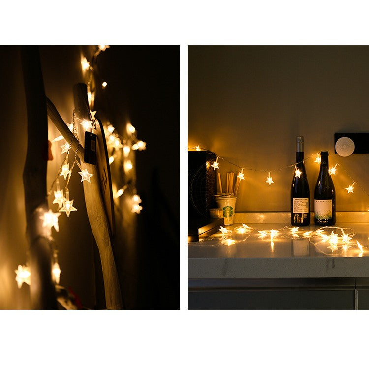 Instalatie Craciun cu baterii, 1.5 metri, 10 LED-uri tip Stea, fir Transparent, Alb Cald, Klevo