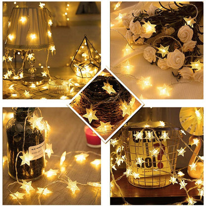 Instalatie Craciun cu baterii, 10 metri, 80 LED-uri tip Stea, fir Transparent, Alb Cald, Klevo