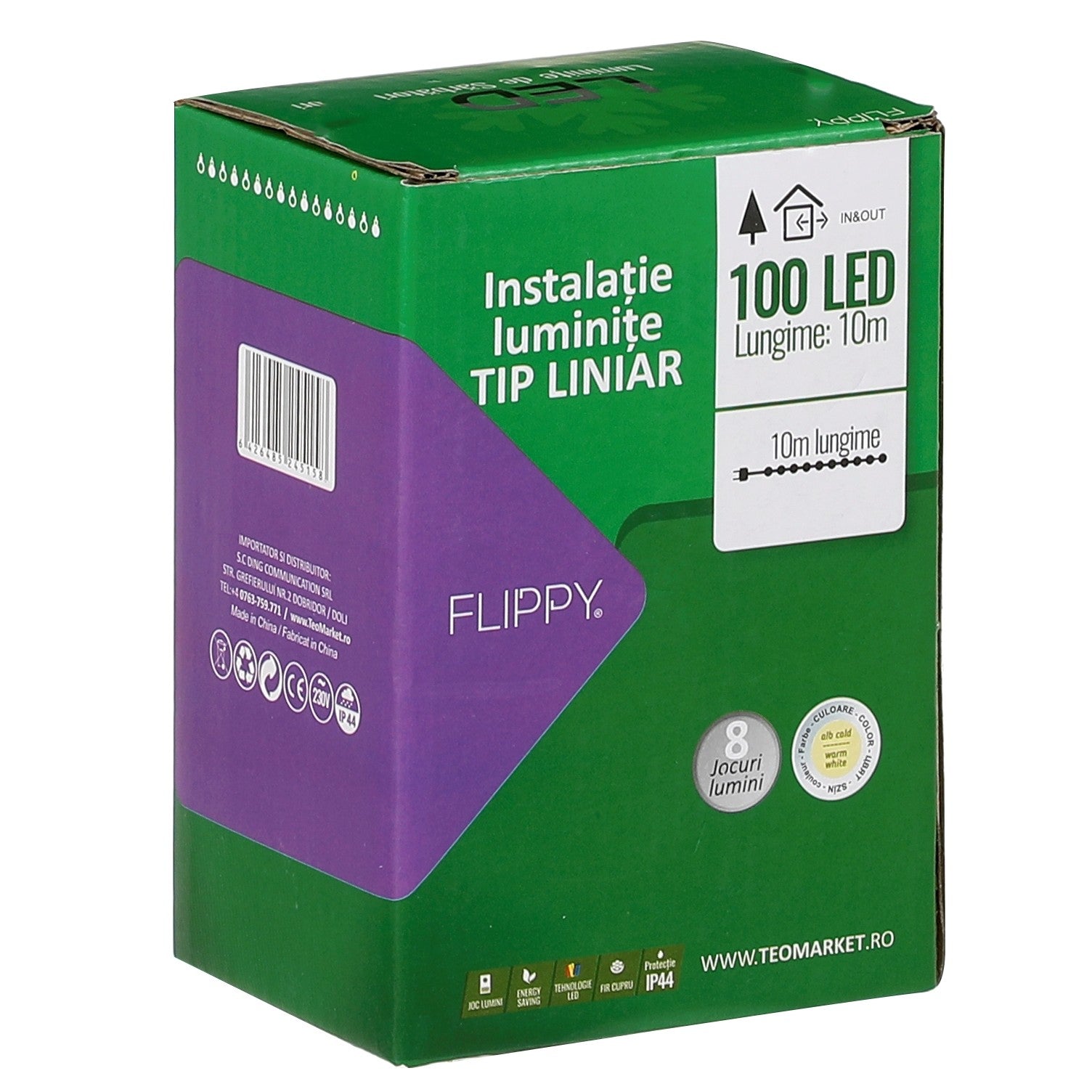 Instalatie Craciun liniara, cu transformator 31V, 10m, alb cald, 100 LED-uri V5, 8 jocuri de lumini, Fir verde, Klevo