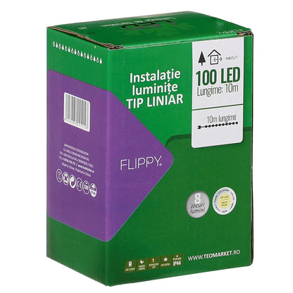 Instalatie Craciun liniara, cu transformator 31V, 10m, alb cald, 100 LED-uri V5, 8 jocuri de lumini, Fir verde, Klevo