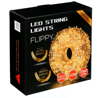 Instalatie Craciun liniara, fir transparent, cu transformator, 50m, alb cald, 2000 LED-uri, 8 jocuri de lumini, Klevo