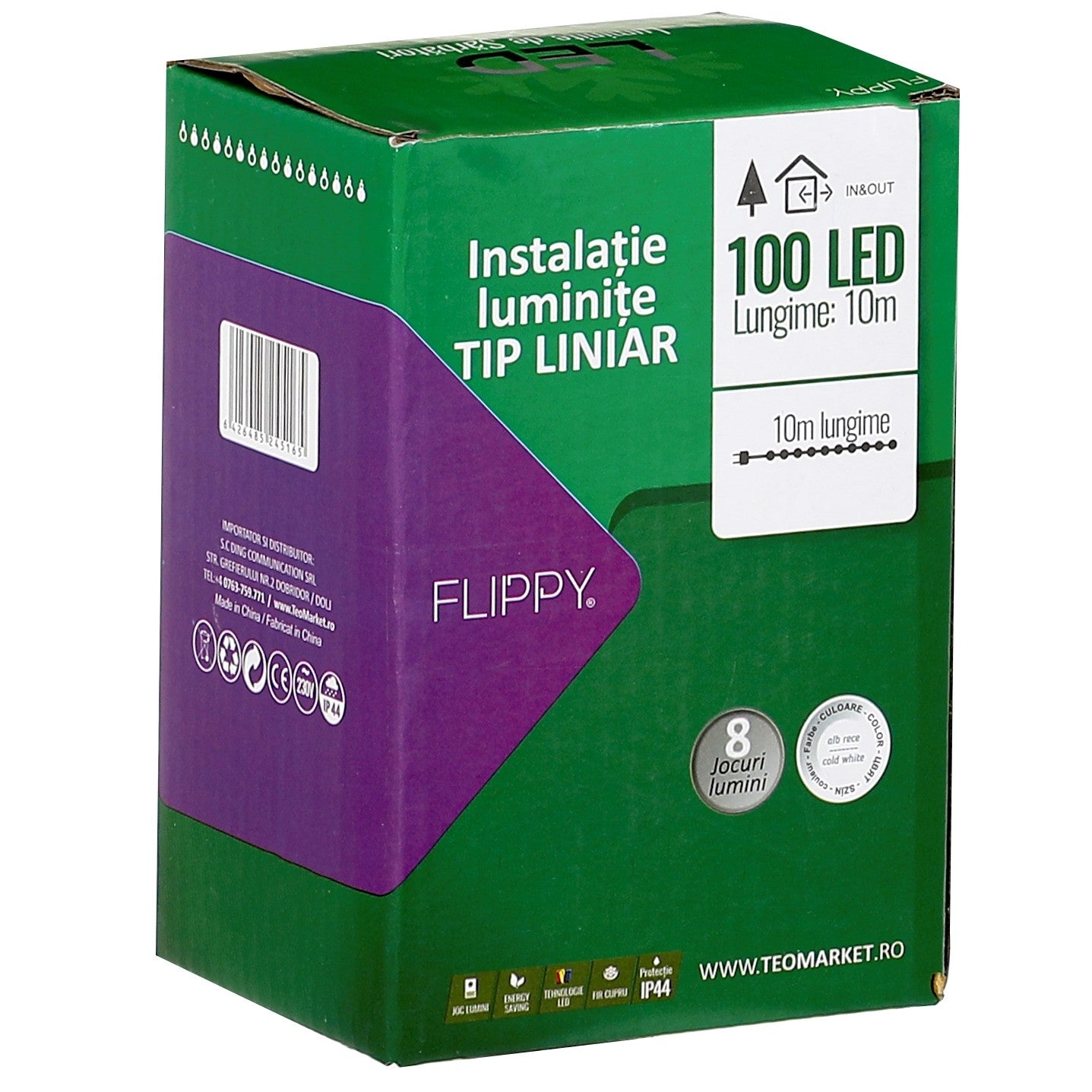 Instalatie Craciun liniara, cu transformator 31V, 10m, Alb Rece, 100 LED-uri V5, 8 jocuri de lumini, Fir verde, Klevo