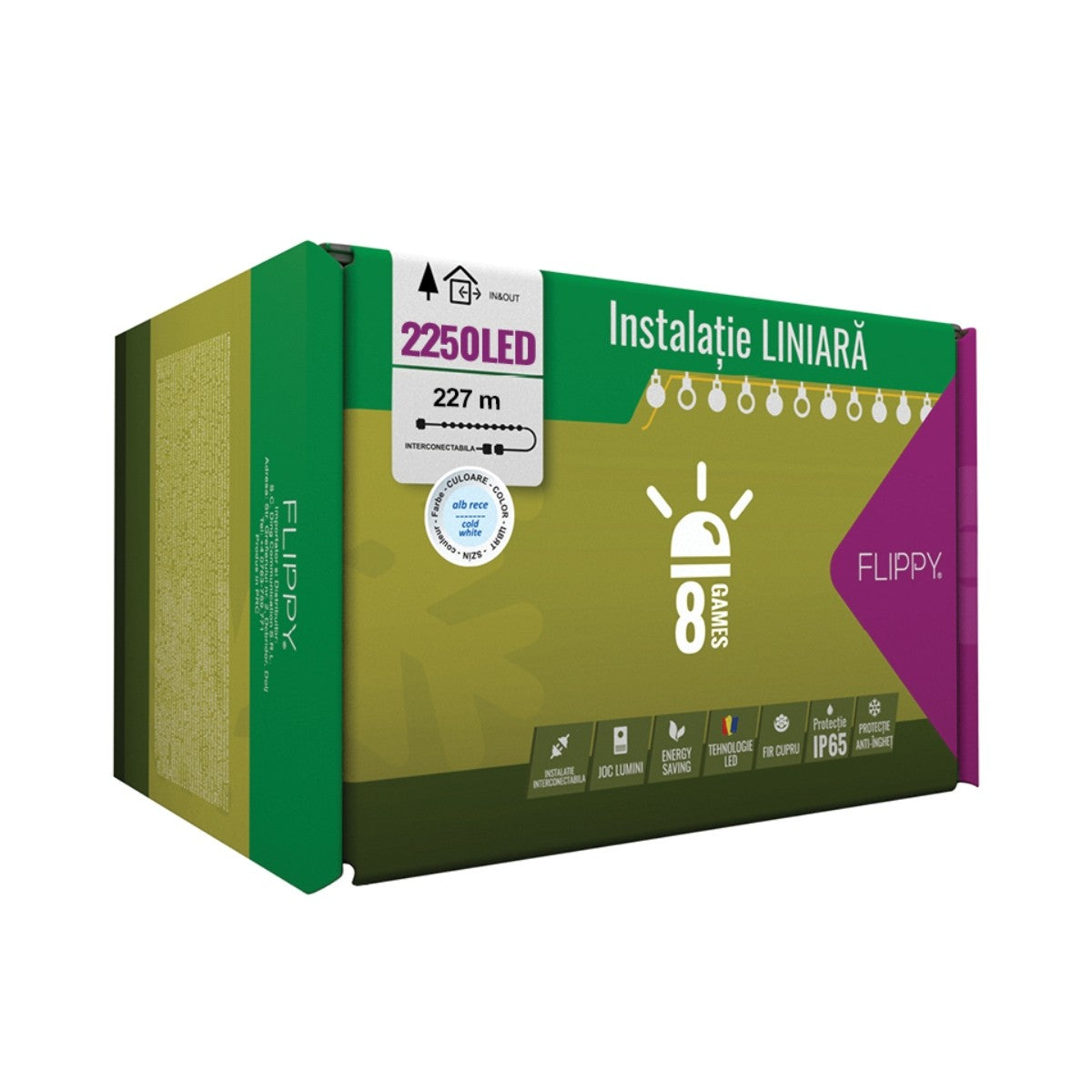 Instalatie Craciun Profesionala de Exterior IP65, 227 m, 2250 Led-uri Mari ,Liniara, Alb rece, Interconectabila, Prelungitor 1.5 m inclus, Fir Negru, Klevo