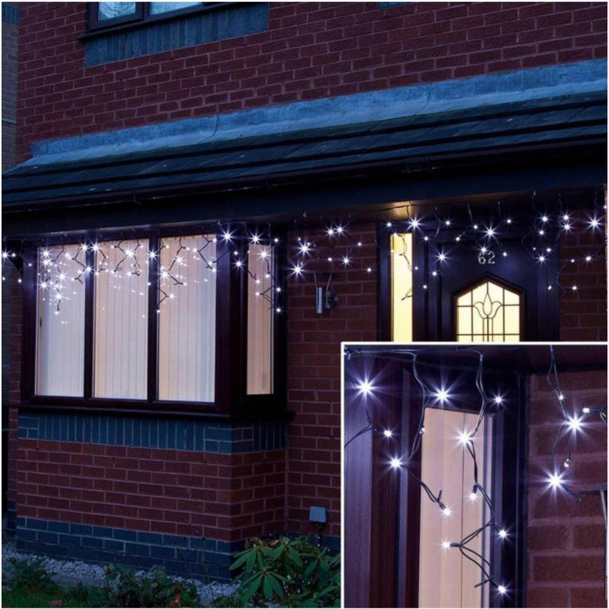 Instalatie Craciun Profesionala de Exterior IP65, 5 m, 120 Led-uri Mari ,Franjuri, Alb rece, Flash, Alimentator, Interconectabila, Prelungitor 6.5 m inclus, Fir Negru Cauciucat, 220v, Klevo