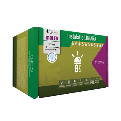 Instalatie Craciun Profesionala de Exterior IP65, 81 m, 810 Led-uri Mari ,Liniara, Alb rece, Interconectabila, Prelungitor 1.5 m inclus, Fir Negru, Klevo