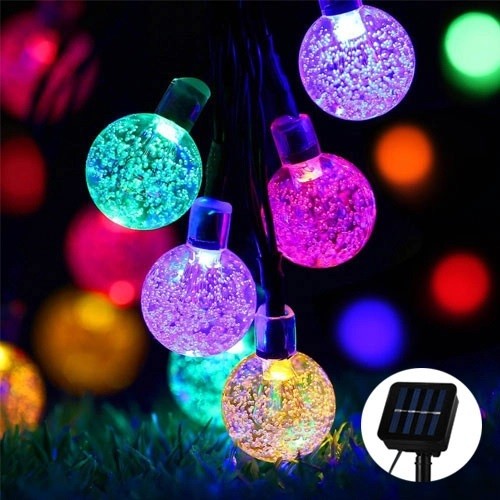 Instalatie Craciun, Tip Globuri de cristal, 100 Led-uri, 12 metri, Multicolor, Energie solara, Senzor de lumina, Klevo