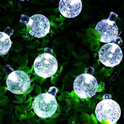 Instalatie Craciun, Tip Globuri de cristal, 30 Led-uri, 6.5 metri, Alb rece, Energie solara, Senzor de lumina, Klevo