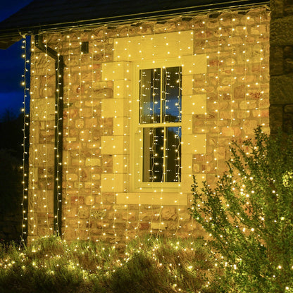 Instalatie Craciun, Tip Perdea, 1 m x 1 m, 60 LED-uri, Alb Cald, Controler, 8 jocuri de lumini, Interconectabila, Fir transparent, Interior/ Exterior, Klevo