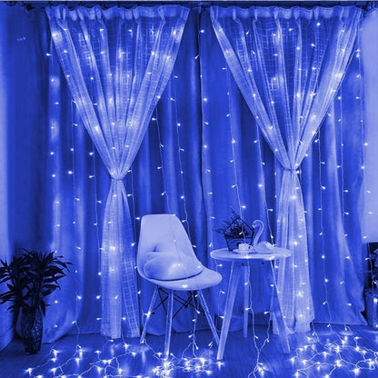 Instalatie Craciun, Tip Perdea, IP44, 10 m x 2 m, 1200 LED-uri, Albastru, 8 jocuri de lumini, Transformator cu telecomanda, Interconectabila, Prelungitor 5 m inclus, Fir transparent, Interior/ Exterior, Klevo