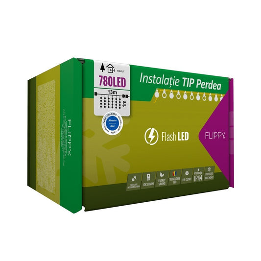 Instalatie Craciun, Tip Perdea, IP44, 13 m x 1 m, 780 LED-uri, Albastru, cu flash, Transformator cu telecomanda, Interconectabila, Prelungitor 3 m inclus, Fir transparent, Interior/ Exterior, Klevo