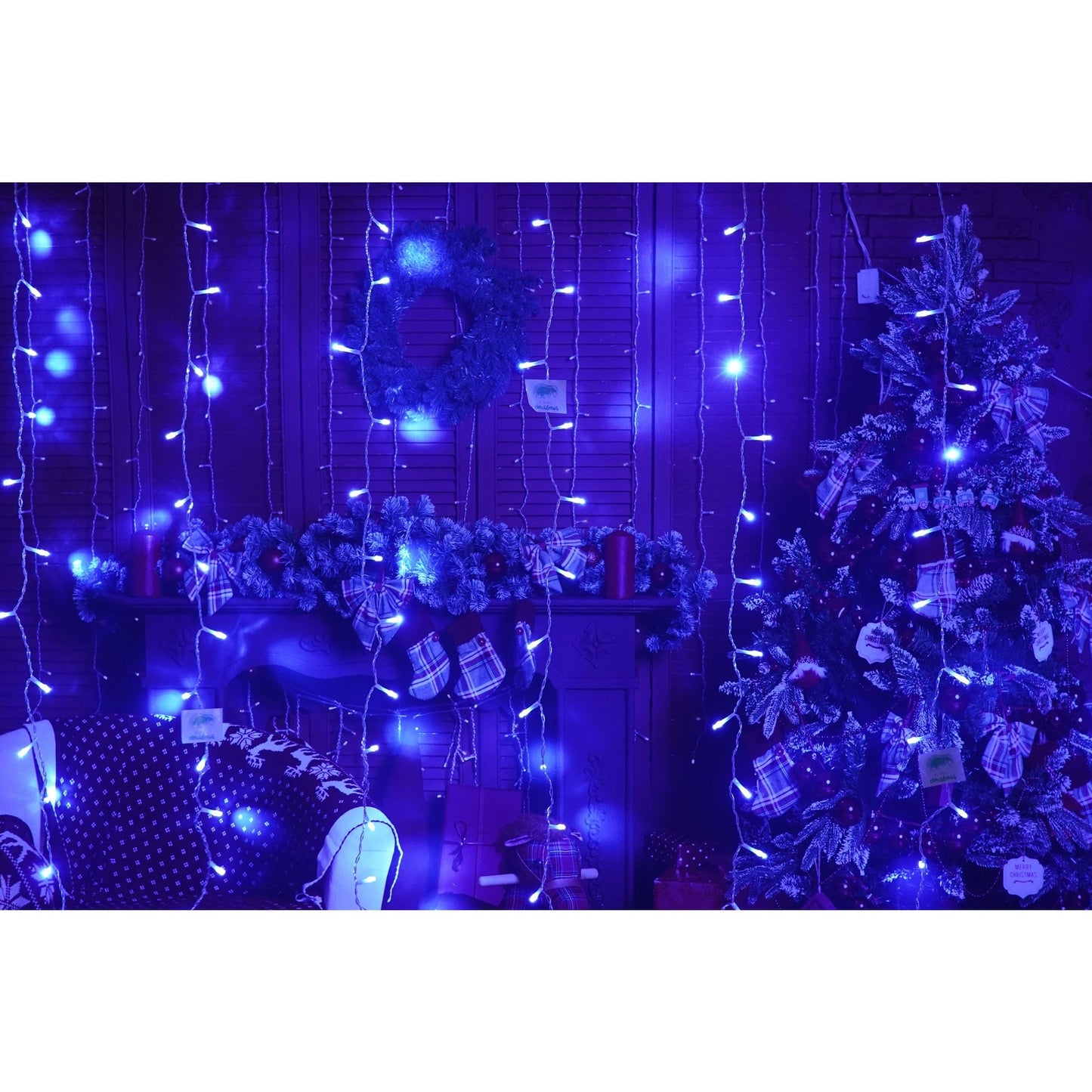 Instalatie Craciun, Tip Perdea, IP44, 18 m x 1 m, 1080 LED-uri, Albastru, 8 jocuri de lumini, Transformator, Interconectabila, Prelungitor 3 m inclus, Fir transparent, Interior/ Exterior, Klevo