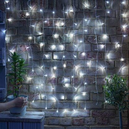 Instalatie Craciun, Tip Perdea, IP44, 3 m x 3 m, 240 LED-uri, Alb rece, cu 8 jocuri de lumini, 31 V, 9W, Interconectabila, Prelungitor 3 m inclus, Fir transparent, Interior/ Exterior, Klevo