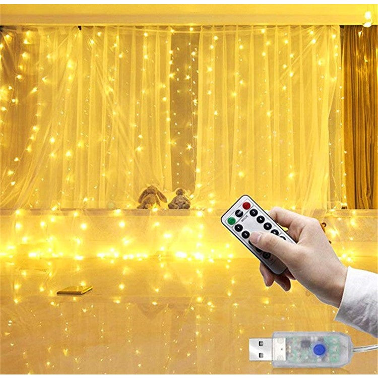 Instalatie Craciun, Tip Perdea IP44, 3m x 1m, 100 Led-uri, Alb cald, USB si telecomanda cu 8 functii, Klevo