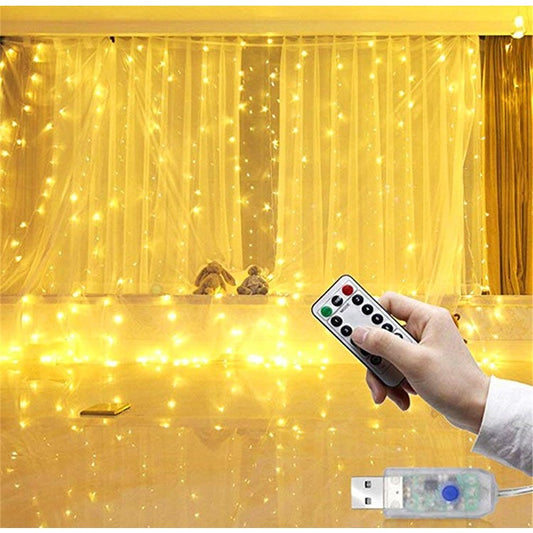 Instalatie Craciun, Tip Perdea IP44, 3m x 1m, 100 Led-uri, Alb cald, USB si telecomanda cu 8 functii, Klevo