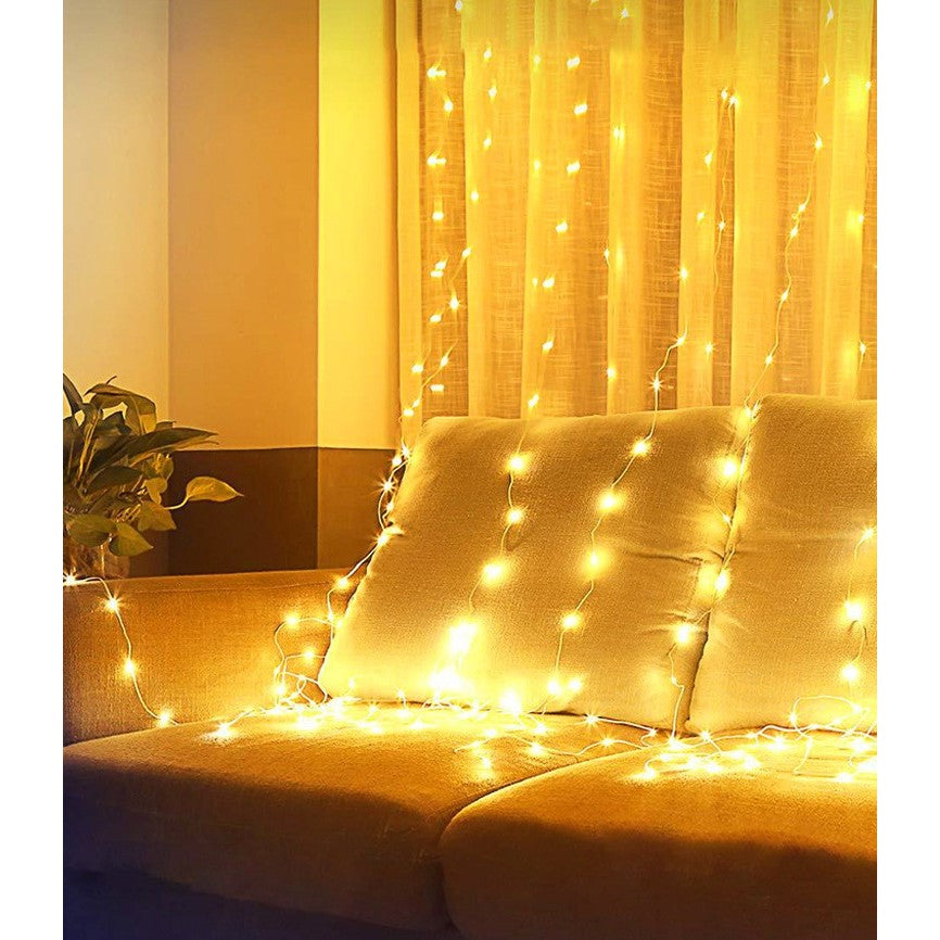 Instalatie Craciun, Tip Perdea IP44, 3m x 2m, 200 Led-uri, Alb cald, USB si telecomanda cu 8 functii, Klevo
