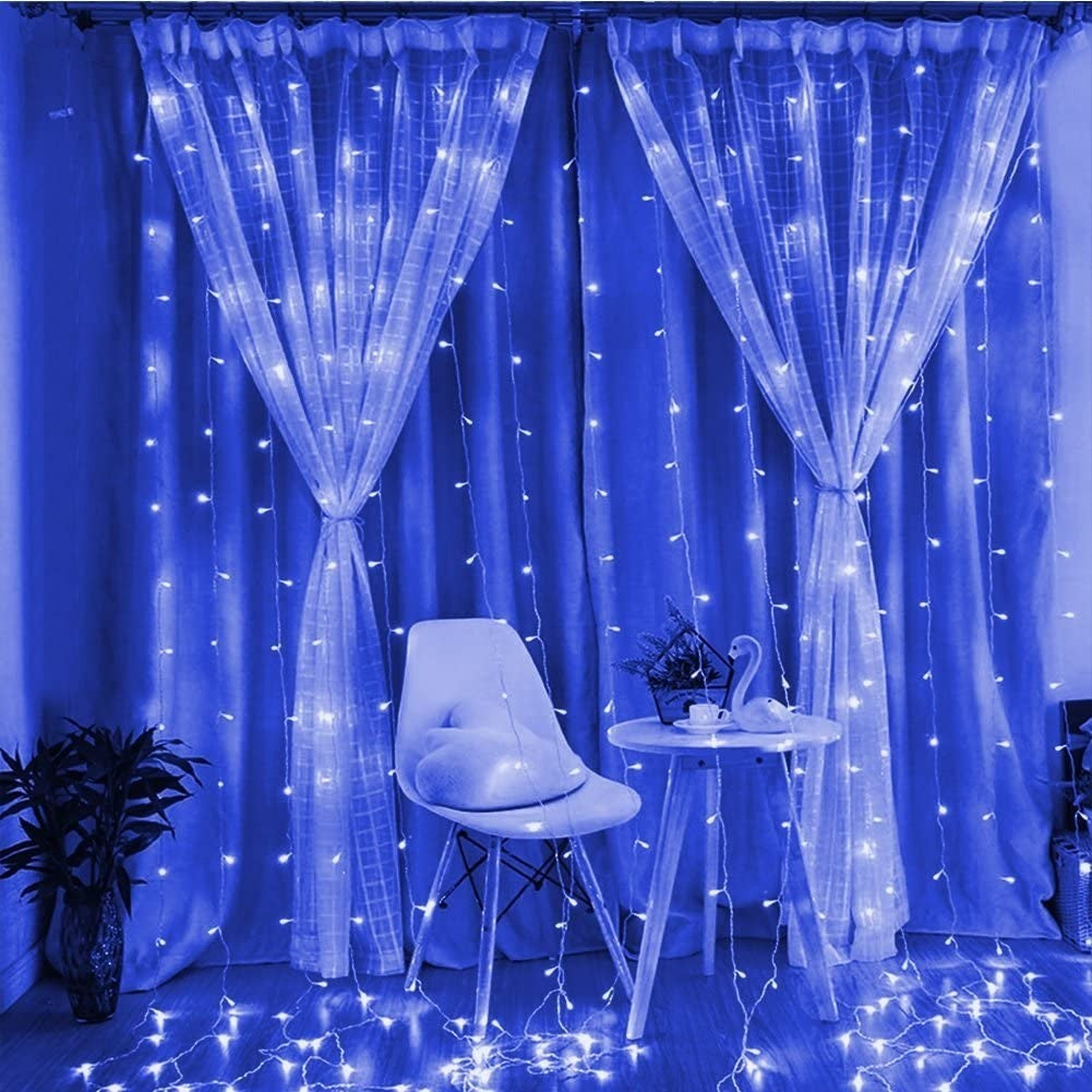 Instalatie Craciun, Tip Perdea, IP44, 4 m x 2 m, 480 LED-uri, Albastru, cu flash, Transformator, Interconectabila, Prelungitor 3 m inclus, Fir transparent, Interior/ Exterior, Klevo