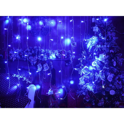 Instalatie Craciun, Tip Perdea, IP44, 5 m x 1 m, 300 LED-uri, Albastru, cu flash, Transformator, Interconectabila, Prelungitor 5 m inclus, Fir transparent, Interior/ Exterior, Klevo