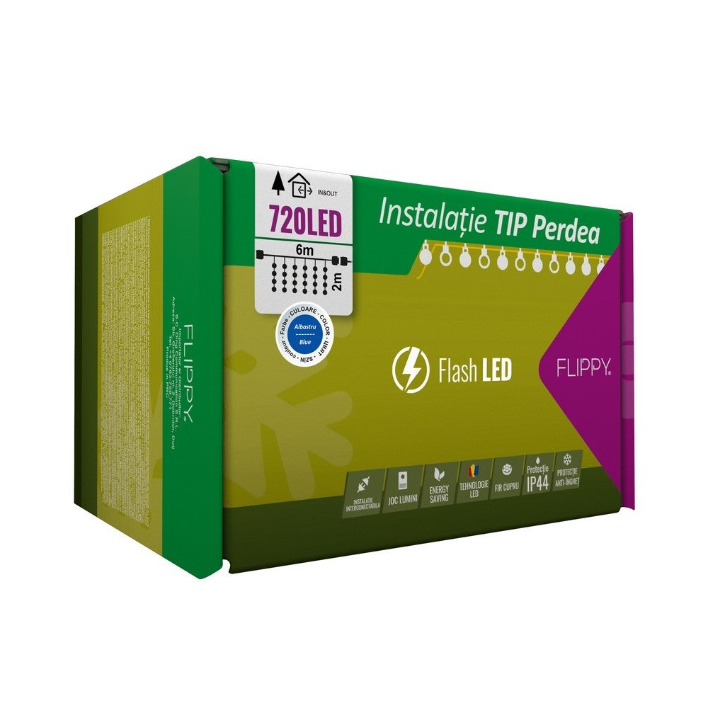 Instalatie Craciun, Tip Perdea, IP44, 6 m x 2 m, 720 LED-uri, Albastru, cu flash, Transformator, Interconectabila, Prelungitor 3 m inclus, Fir transparent, Interior/ Exterior, Klevo