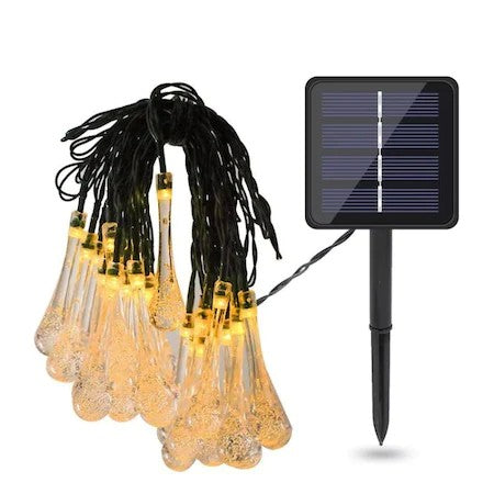 Instalatie Craciun, Tip Picaturi, 50 Led-uri, 9.5 metri, Alb cald, Energie solara, Senzor de lumina, Klevo