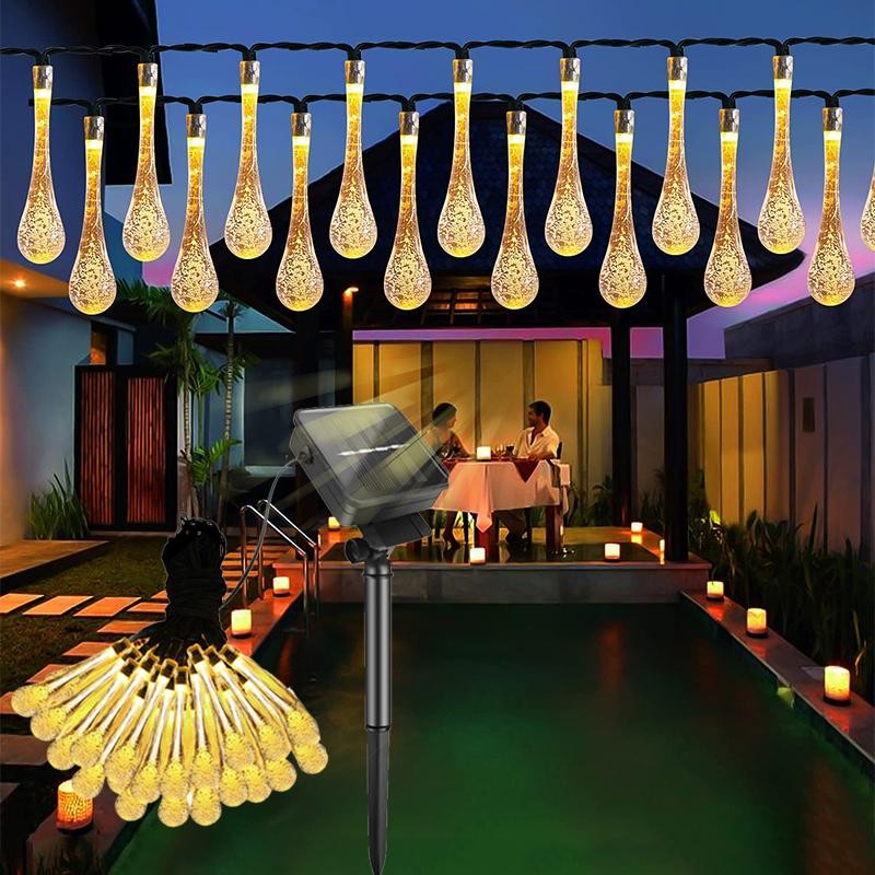 Instalatie Craciun, Tip Picaturi de apa, 20 Led-uri, 5 metri, Alb cald, Energie solara, Senzor de lumina, Klevo